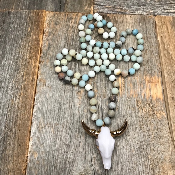 Natural Amazonite Stone Skull Bohemian Necklace - Picture 5 of 6